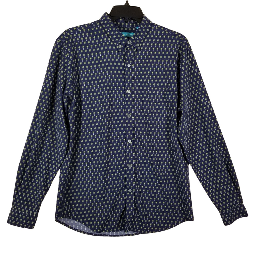 Tori Richard Mens Small Navy Palm Tree Performance Stretch Long Sleeve Shirt